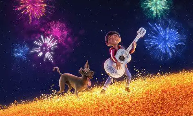 Miguel dan anjingnya Dante di jembatan Marigold